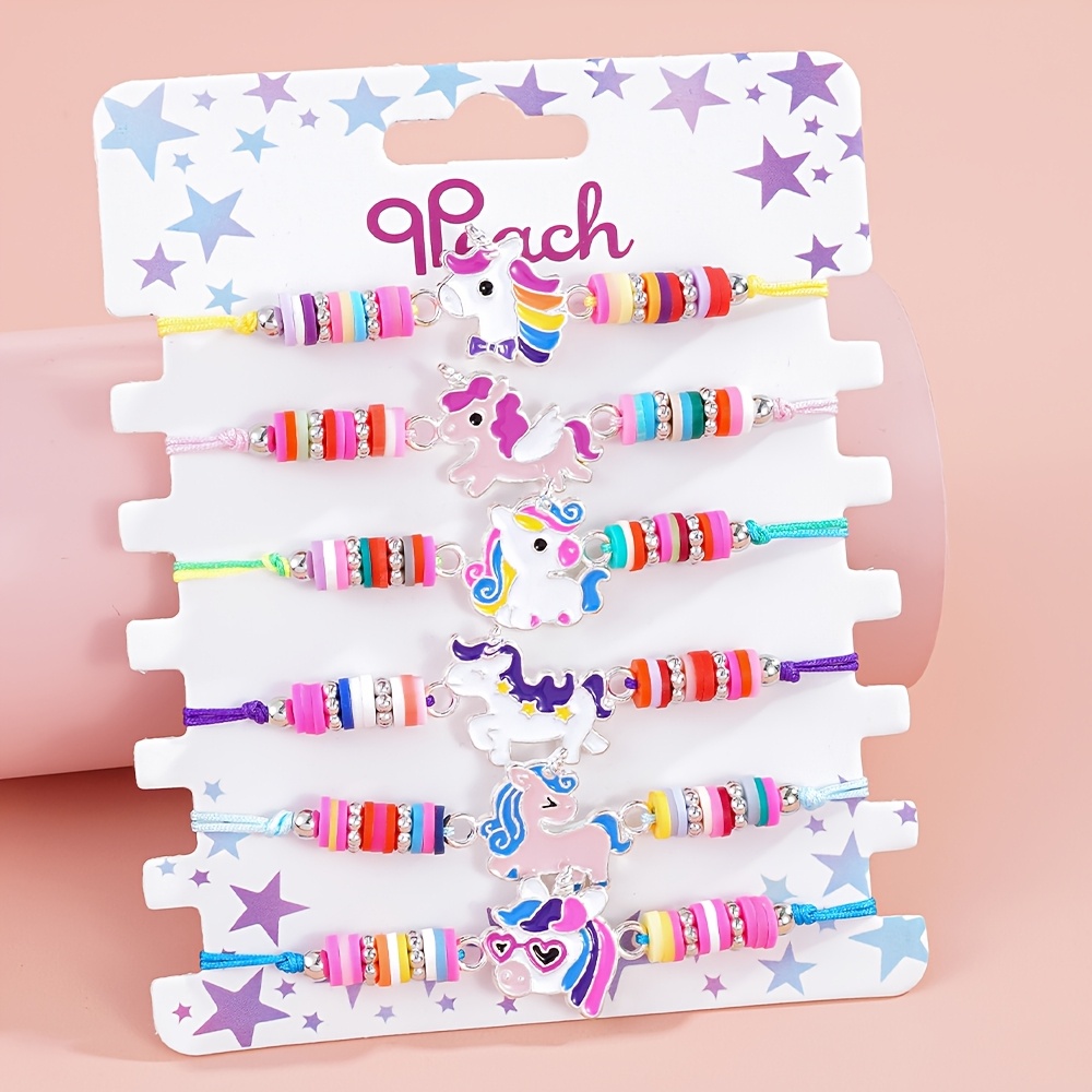 6pcs Cute Unicorn Bracelet Set for Girls, Adjustable Drawstring Jewelry